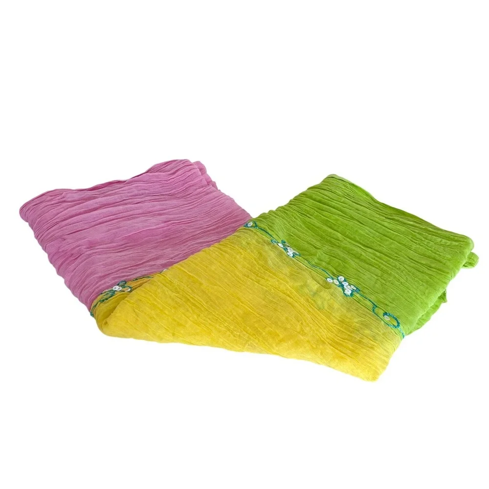 Boho Coastal Crinkle Sequin Embroidered Scarf Wrap Shawl‎ Pink Yellow Green OS